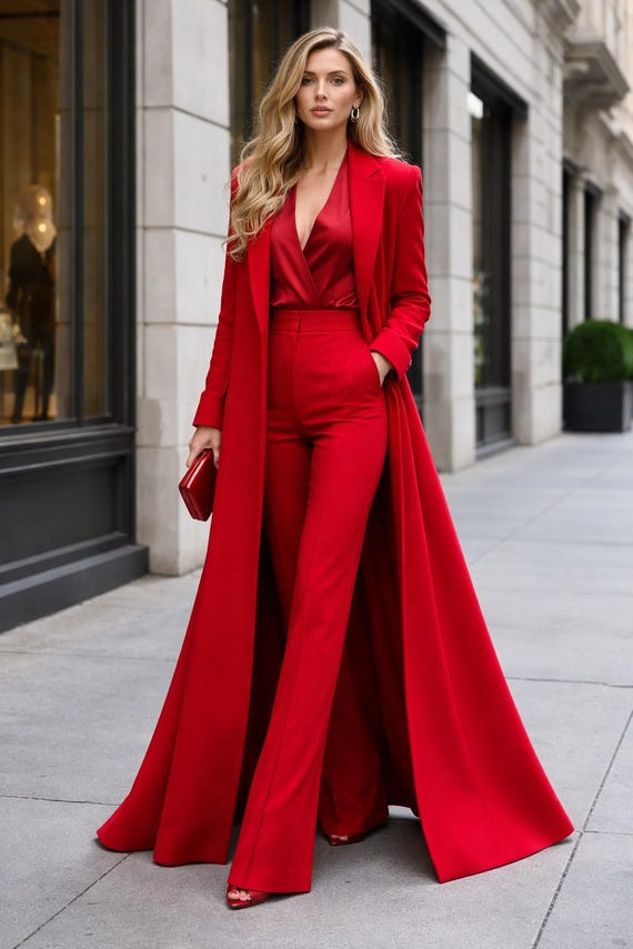 women's evening dress suits Red Suit Set: Long Coat Texudo, Custom Tailored Suit, Elegant Two Piece Suit, Formal Wear, Wedding Guest Outfit, Prom Suit for Women 3XL) and in custom Shoe Size_14.5 Semi formal wedding Women's Cream Winter Polka Bottom Size:38x34