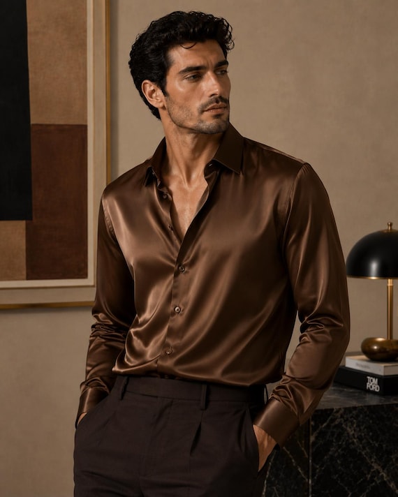 brown men's dress shirt Luxury Silk Shirt: Elegant Long Sleeves Men's Shirt, for Men, Formal Silk Shirt, Party wear, Business wear Shirt brown dress shirt outfit