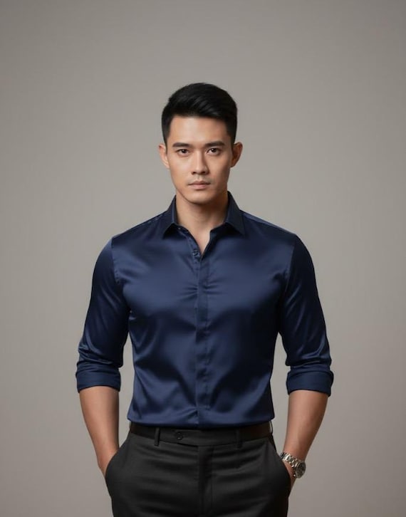 Navy Blue Silk Shirt for Men: Elegant Long Sleeves Shirt, Dress Shirt Men's, Formal Wear, Office Shirt, Silk Men's Wear, Button Down Shirt