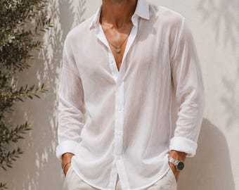 Camicia da uomo in chiffon bianco, camicia bianca con bottoni, camicia in chiffon a maniche lunghe, camicia estiva leggera, abbigliamento da resort per uomo, camicia per le vacanze