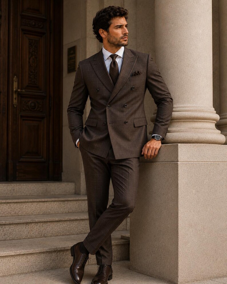 May include: A double-breasted brown suit with a subtle plaid pattern, worn with a crisp white collared shirt, a dark brown necktie, a pocket square, and dark brown leather dress shoes. The ensemble features a structured blazer and trousers.