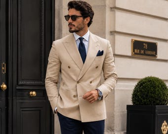 Beige Zweireiher Anzug für Männer, Bräutigam Hochzeitsanzug, Marineblau Hosenanzug, Benutzerdefinierte Formelle Anzug, Herren Blazer Set, Abschlussball Anzug, Klassischer Anzug