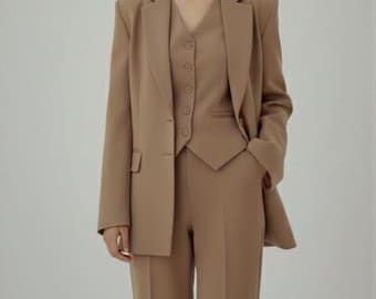 Women's 3-Piece Camel Pantsuit | Pant Suit for Women, Blazer, Waistcoat & Trousers | Elegant Business Formal Suit, Dressy Suit, Pant Suits