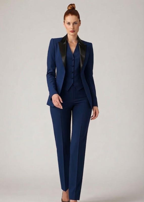 Navy Blue 3-Piece Women Suit with Black Collar | Tailored Blazer Set