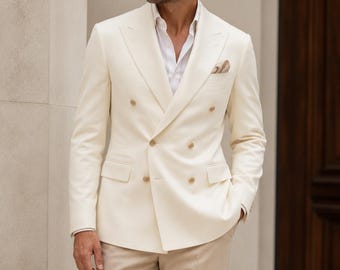 Herren Ivory Zweireihiger Anzug | Ivory Blazer Beige Hose | Bräutigam Hochzeitsanzug | Formelles Empfang Outfit | Maßgeschneiderter Anzug, Herrenanzug