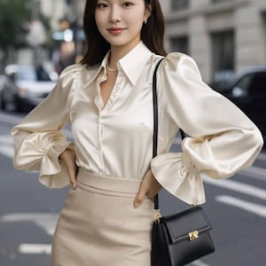 May include: A woman wearing a cream-colored satin blouse with large, ruffled sleeves and a matching pencil skirt. A black purse with a gold clasp hangs from her shoulder. The background shows a city street.