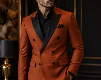 Rust Orange Double Breasted Suit for Men, Black Satin Lapel Tuxedo, Burnt Orange Wedding Suit, Groom Suit, Prom Dinner Jacket, Formal Suit
