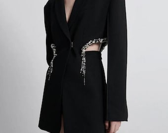 Schwarzer verzierter Cut-Out-Blazer-Mantel, Eleganter Damen-Statement-Mantel, Perlen-Taillen-Blazer, Designer-Abend-Outfit, Brautjungfer-Mantel, Lässig