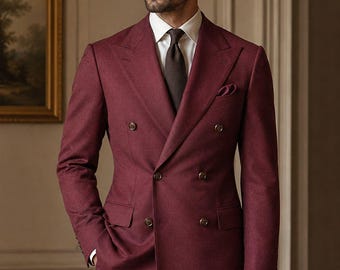 Burgundy Double Breasted Men's Suit, Custom Wedding Suit for Groom, Slim Fit Peak Lapel Formal Suit, Luxury Tailored Prom Suit,Handmade Suit