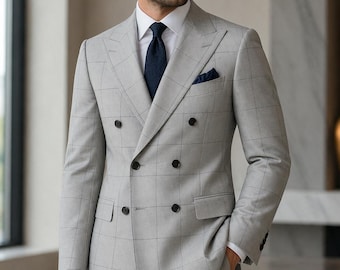 Hellgrauer Zweireihiger Anzug für Herren, Fensterscheibenmuster, Hochzeitsanzug, Slim Fit Business Anzug, formelle Arbeitskleidung, Bräutigam Outfit, Abschlussballanzug