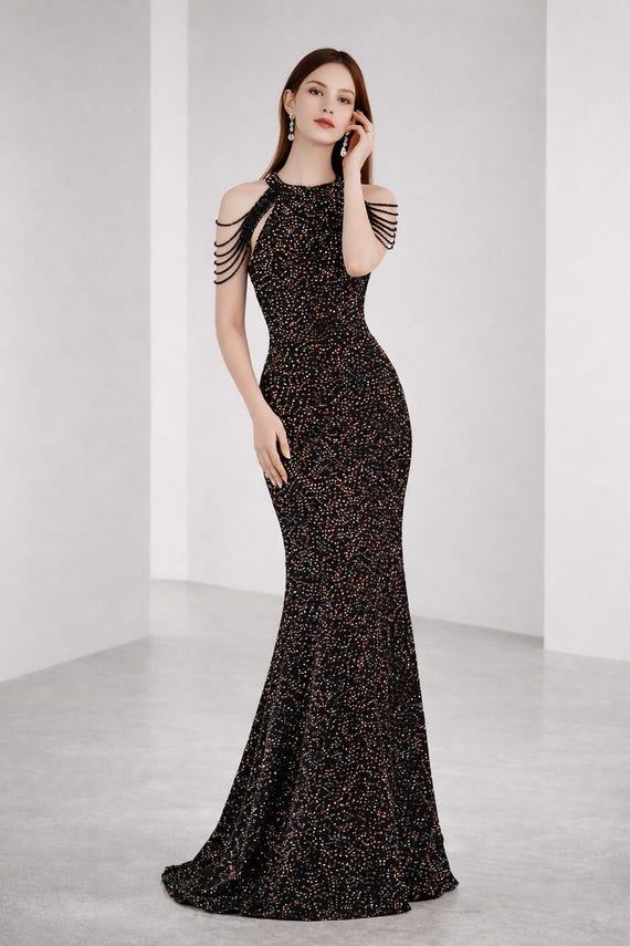 black prom dress halter neck Berylove Women Black Formal Dress With Slit Mermaid Halter Neck With Hook Satin Formal Wear Dress