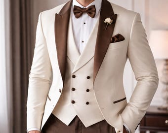 Weißer und brauner 3-teiliger Herrenanzug, Bräutigam-Hochzeits-Smoking, weißer Blazer, braunes Satin-Revers, formeller Abschlussball-Klage, kundenspezifischer Slim-Fit-Klage für Männer, Anzug
