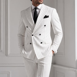 Men’s White Pinstripe Suit, Double Breasted Suit for Men, Wedding Suit Groom, Formal Suit, Slim Fit Tuxedo Style, Prom Suit, Custom Suit