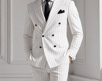 Weißer Nadelstreifenanzug für Herren, Herrenanzüge, Hochzeitsanzug, Bräutigam Anzug, Slim Fit-Tuxedo-Stil, Abschlussballanzug, Maßanzug