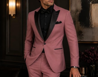 Dusty Rose Pink Herrenanzug, schwarzer Satin-Smoking, Bräutigam Hochzeitsanzug, Abschlussball-Tuxedo für Männer, Slim Fit-Formeller Anzug, Groomsmen Outfit, Anzüge