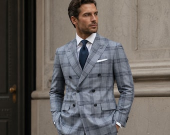 Men's Light Blue Plaid Double Breasted Suit, Custom Wedding Suit for Groom, Slim Fit Formal Business Suit, Prom Tuxedo, 2 Piece Suit, Suit
