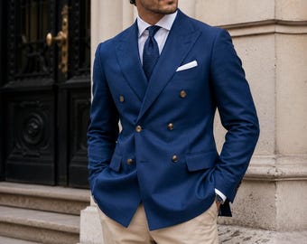 Herren zweireihiger Blazer mit beiger Hose, formeller Anzug, Hochzeitsgast Outfit, Business-Anzug, Smart-Casual-Herrenbekleidung, Abschlussball-Anzug, Anzug