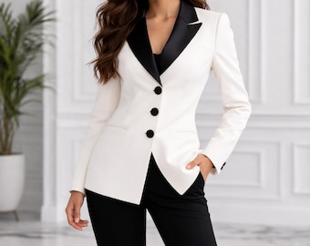 Luxus-Weiß-Smoking-Blazer-Set für Frauen, schwarzer Satin-Revers-Anzug, eleganter formeller Anzug, maßgeschneiderte Bürokleidung, Hochzeitsgast-Outfit, Kraftanzug