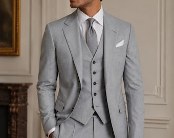 Hellgrauer 3-teiliger Herrenanzug, Hochzeits-Bräutigamanzug, Maßgeschneiderter formeller Businessanzug, klassischer Westenanzug, elegante Herrenbekleidung, Abschlussballanzug, Büroanzug