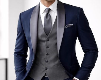 Marineblauer 3-teiliger Herrenanzug, Slim Fit-Hochzeits-Smoking, Schalkragenanzug, Bräutigamanzug, formelles Abschlussball-Outfit, eleganter Herrenanzug, grauer Westenanzug
