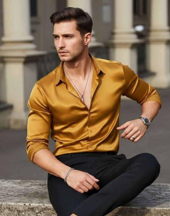 mens gold silk dress shirt Men's Mustard Shirt: Elegant Long Sleeves Silk Shirt, Slim fit Shirt, Formal Shirt, Evening wear, Party Wear Shirt, wedding guest Wear Old Size