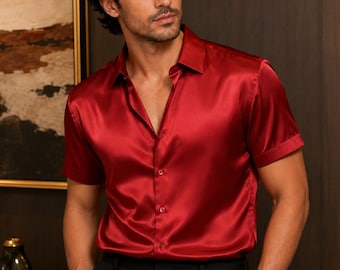 Camicia da uomo in seta rossa, camicia di lusso in seta con bottoni, camicia in seta a maniche corte, camicia rossa da festa, camicia per invitato a un matrimonio, camicia da sera, regalo