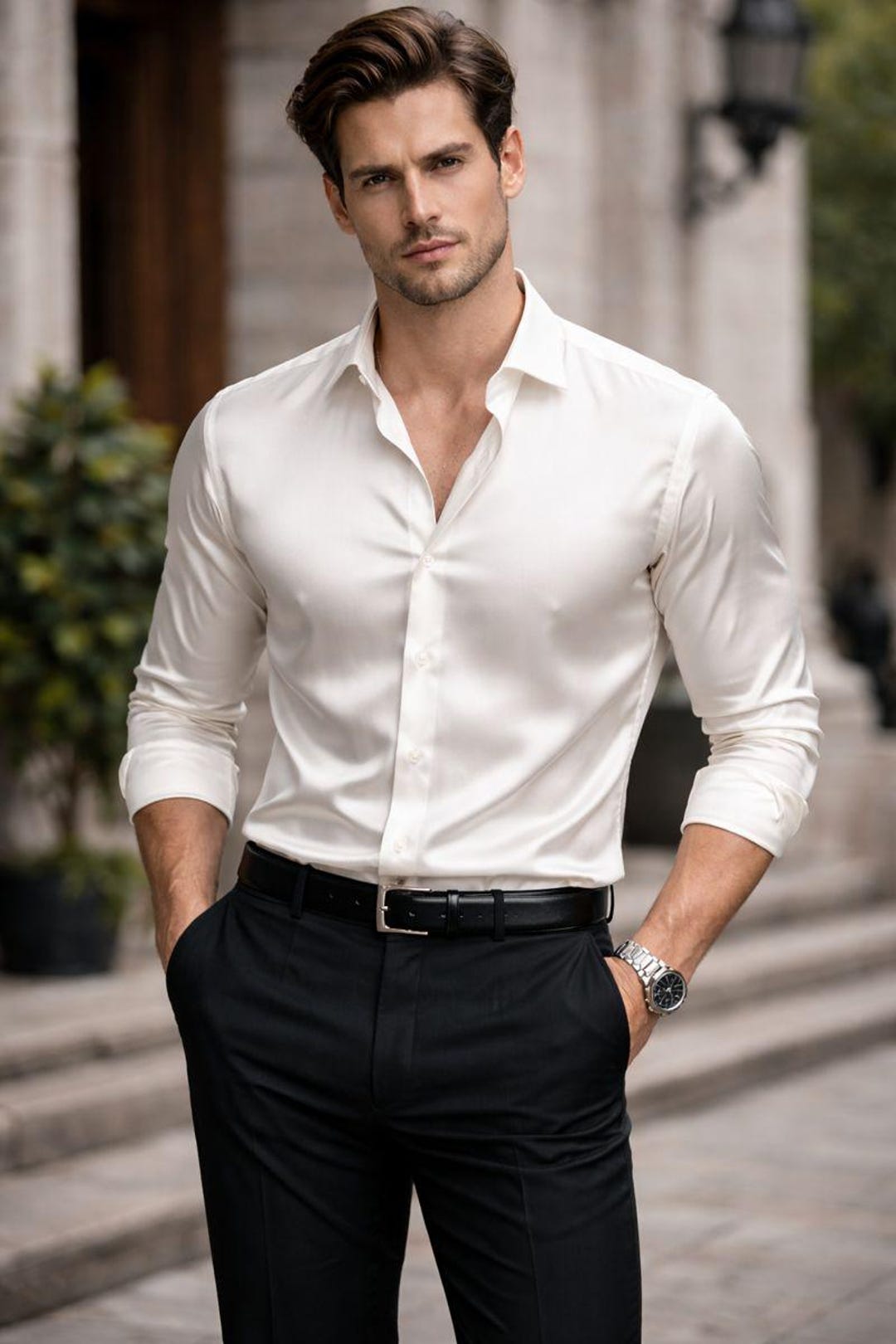 white dress shirt for men Oskar Easy Care Tall in Bright this white button up long sleeve shirt is an essential business casual piece. Off-white Men's Silk Shirt: Elegant
