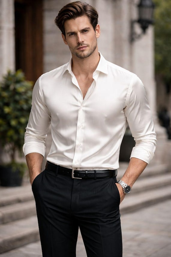 Off-White Men's Silk Shirt: Elegant Long Sleeves Office wear, Luxury Men Silk Shirt, Formal Workwear, Party wear shirt, Business Shirt,Gift