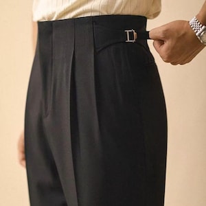 Men's Black Pleated Trousers | High Waisted Side Adjuster Dress Pants | Tailored Formal Pants | Vintage Inspired Luxury Menswear | Trousers image 1