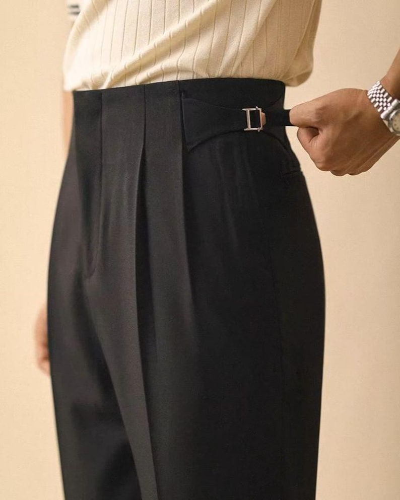 Men's Black Pleated Trousers | High Waisted Side Adjuster Dress Pants | Tailored Formal Pants | Vintage Inspired Luxury Menswear | Trousers image 1