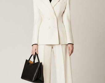 Elfenbein-weißer Damen-Hosenanzug | Eleganter Zweireihiger Blazer & Hose mit weitem Bein | Hochzeitsanzug Set | Damen Smoking Anzüge | Formeller Hosenanzug