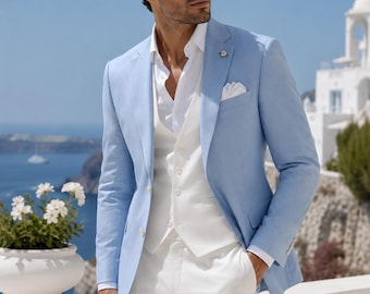 Himmelblauer 3-teiliger Herrenanzug, weiße Weste und Hose, Hochzeitsanzug am Strand, Bräutigam Smoking, Sommerhochzeitsoutfit, Slim Fit-Anzug, klassischer Herrenanzug