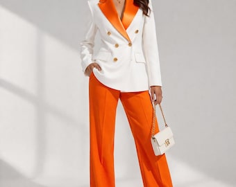 Completo da donna di lusso, completo blazer doppiopetto, completo con colletto in raso arancione, completo smoking da donna, completo pantalone a due pezzi, completo formale da donna, completo