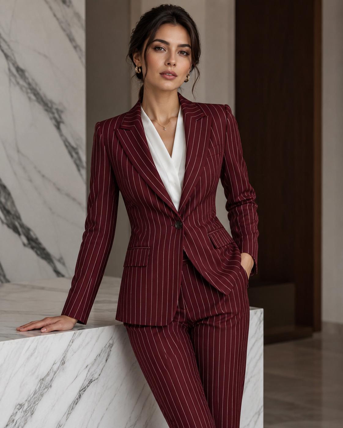 Maroon Pinstripe Women's Suit | Tailored Business Pantsuit | Professional Office Wear | Formal Blazer & Trouser Set | Power Suit for Women