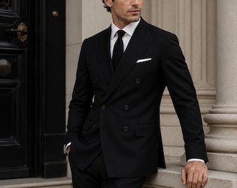 Schwarzer Zweireihiger Herrenanzug, Maßgeschneiderter Luxus-Hochzeitsanzug für Bräutigam, Formeller Business-Anzug, Klassischer Schwarzer Abschlussball-Anzug, Benutzerdefiniertes Blazer-Set