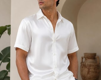 Camicia da uomo in seta bianca, camicia bianca con bottoni, camicia in seta a maniche corte, camicia estiva di lusso, camicia da resort, camicia classica in seta da uomo