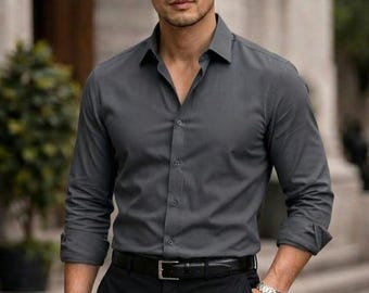 Herren Slim-Fit-Baumwollhemd : Elegantes dunkelgraues Hemd, Formelles Herrenhemd, Business Kleidung, Langarmhemd, Visitenkarte, Hemd, Hemd