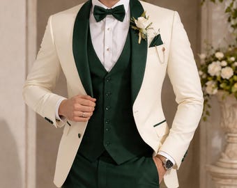 Men’s Ivory & Emerald Green 3 Piece Tuxedo Suit, Wedding Groom Suit, Formal Prom Outfit, Luxury Slim Fit Blazer Set, Wedding Texudo, Suits