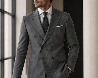 Men's Gray Pinstripe Double Breasted Suit, Tailored Business Suit, Wedding Groom Suit, Formal Office Suit, Classic Luxury Menswear,Prom Suit