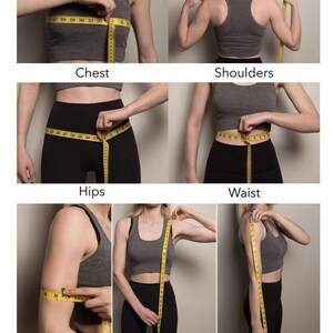 May include: A series of images demonstrating how to measure the chest, shoulders, hips, waist, bicep, length, and sleeve using a yellow measuring tape. The images show a person wearing a gray sports bra and black leggings.