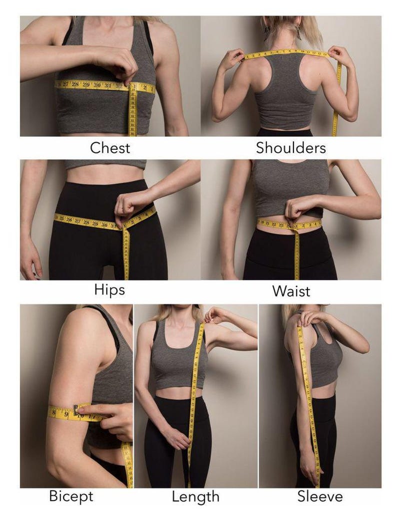 May include: A series of images demonstrating how to measure the chest, shoulders, hips, waist, bicep, length, and sleeve using a yellow measuring tape. The images show a person wearing a gray sports bra and black leggings.