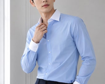 Herren Sky Blue Cotton Button-Down-Hemd mit weißem Kontrast Kragen & Manschetten, Premium-formelles Hemd, maßgeschneiderte Business-Hemd, Abschlussball-Hemd