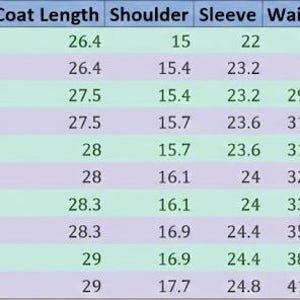 May include: A size chart with measurements in inches for a garment. The chart includes sizes XS to XL, with corresponding US sizes, bust, coat length, shoulder, sleeve, waist, hip, and pant length measurements.