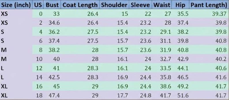 May include: A size chart with measurements in inches for a garment. The chart includes sizes XS to XL, with corresponding US sizes, bust, coat length, shoulder, sleeve, waist, hip, and pant length measurements.
