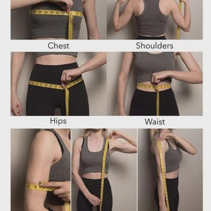 May include: A series of images demonstrating how to measure the chest, shoulders, hips, waist, bicep, length, and sleeve using a yellow measuring tape. The person is wearing a gray sports bra and black leggings.