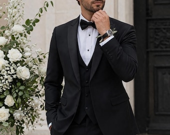 Schwarzer Hochzeits-Frack für Männer - 3-teiliger Bräutigam Anzug, Klassischer Formeller Anzug, Satin-Revers-Blazer, Groomsmen-Outfit, Elegante Schwarze Krawatte Anzug, Anzüge