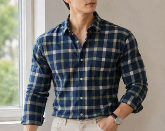 Herren Blau Kariertes Hemd | Langarm-Button-Down-Shirt | Kariertes Freizeithemd | Elegantes lässiges Hemd im Flanellstil | Arbeitskleidung | Geschenk für Ihn