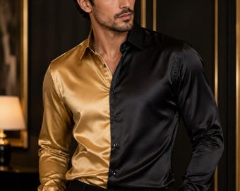 Camisa de seda dorada y negra para hombre, camisa abotonada bicolor, camisa de vestir de lujo para hombre, camisa de seda de manga larga, camisa para bodas y fiestas, ropa de negocios.