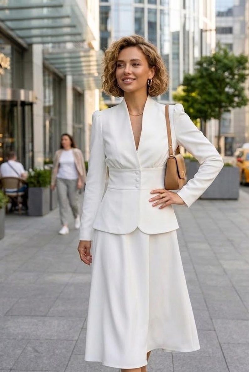 May include: A woman in a white suit, consisting of a blazer and a midi skirt, stands outdoors. The blazer has a V-neck and button closure. She carries a small brown purse. The background includes a building and other people.