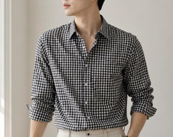 Herren Schwarz Weiß Gingham Shirt | Slim Fit Baumwolle Button Down | Kariertes Hemd im koreanischen Stil | Smart Casual Langarm-Shirt | Geschenk für Ihn